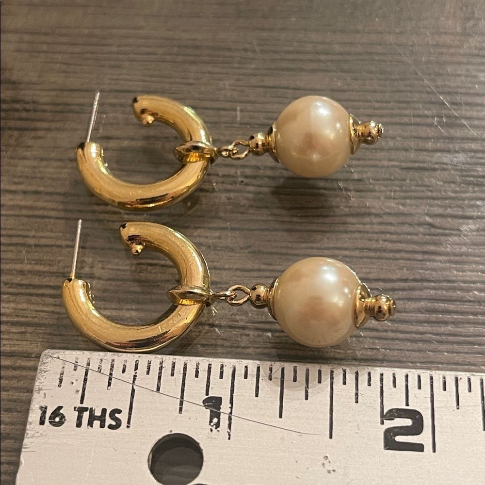 Vintage Gold-tone Hoops with Faux Pearl Charms- Drops - Picture 8 of 16